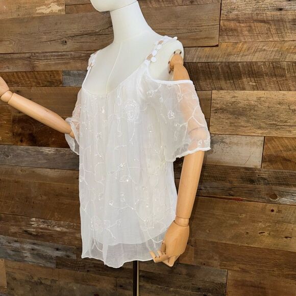 Belle France daisy chain cold shoulder silk blend sequin lined top sz L EUC - Picture 11 of 15